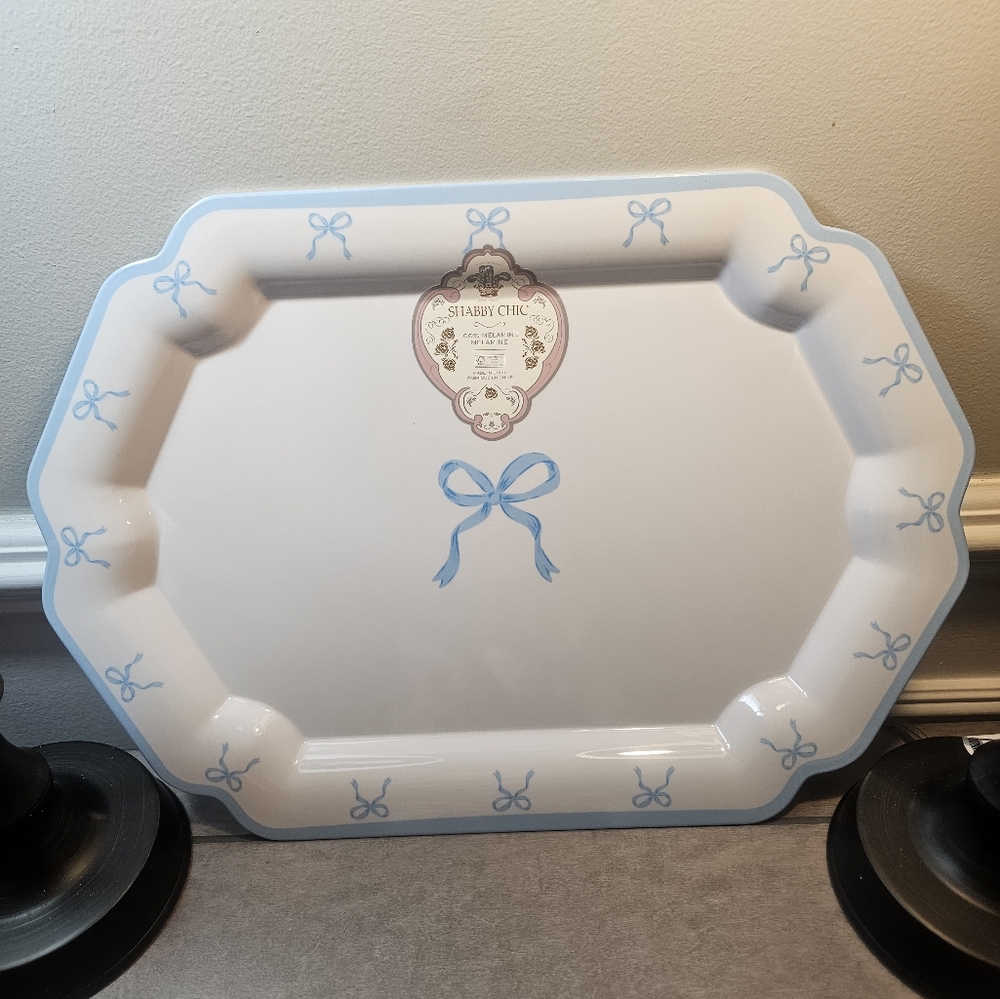 Shabby Chic Blue bows and White Serving Platter 18×13